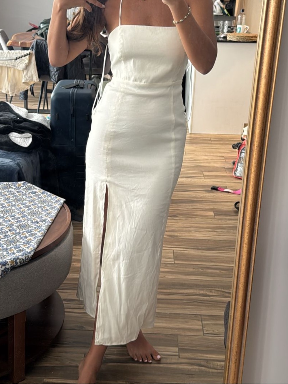 White Spaghetti-Strap Midi Dress with Front Slit